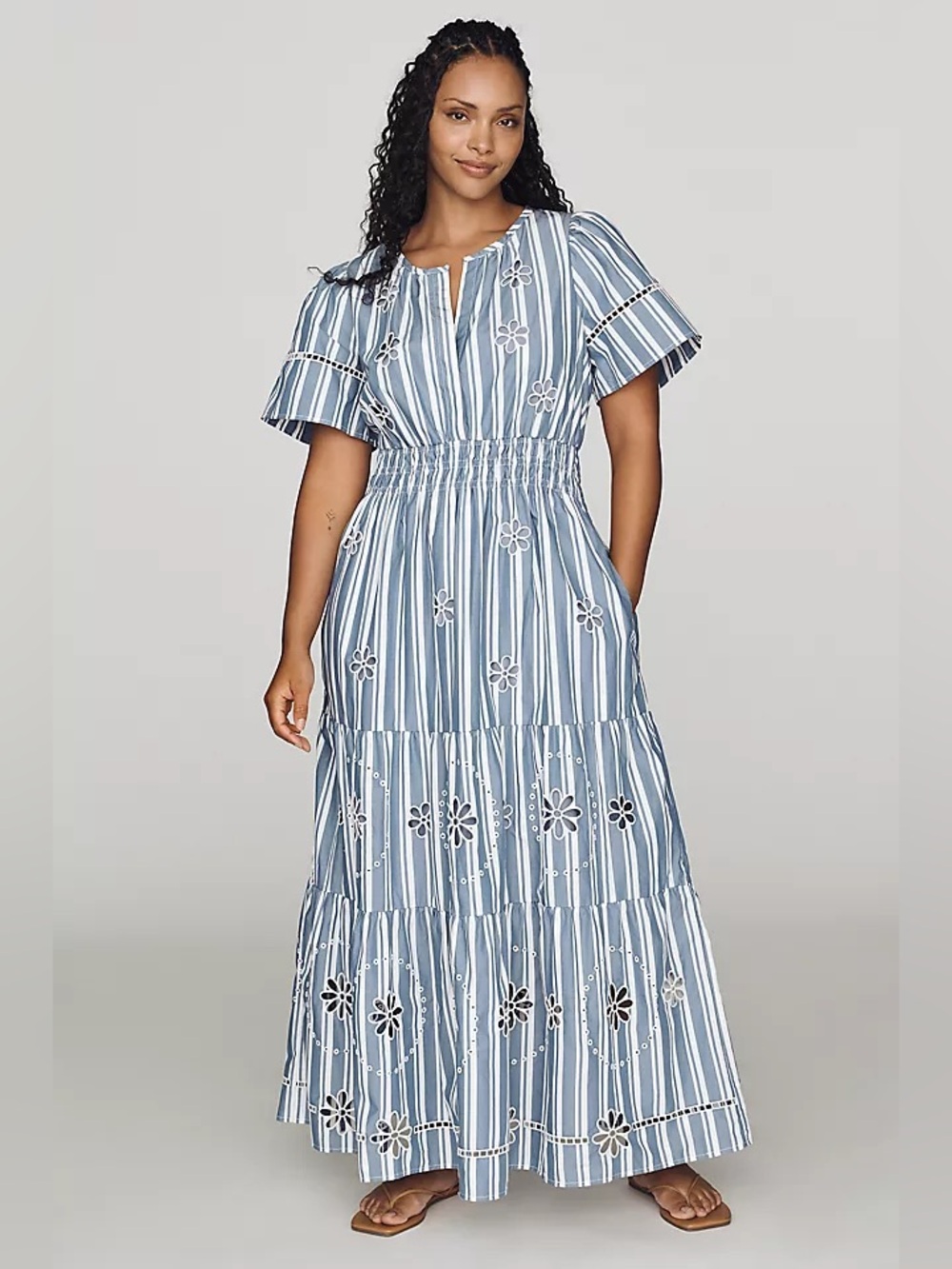 Anthropologie Somerset Cotton Embroidered Eyelet Maxi Dress Striped Blue 3X